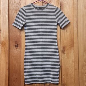 Forever 21 Short Sleeve Ribbed Bodycon Knee Length Dress, Medium, Grey Stripes